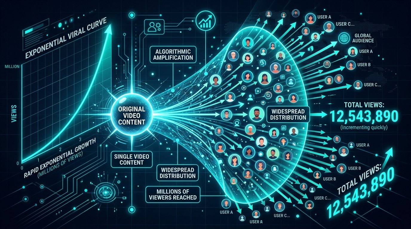 Visualização do algoritmo de distribuição exponencial do TikTok: um vídeo único alcançando milhões de usuários sem necessidade de base de seguidores