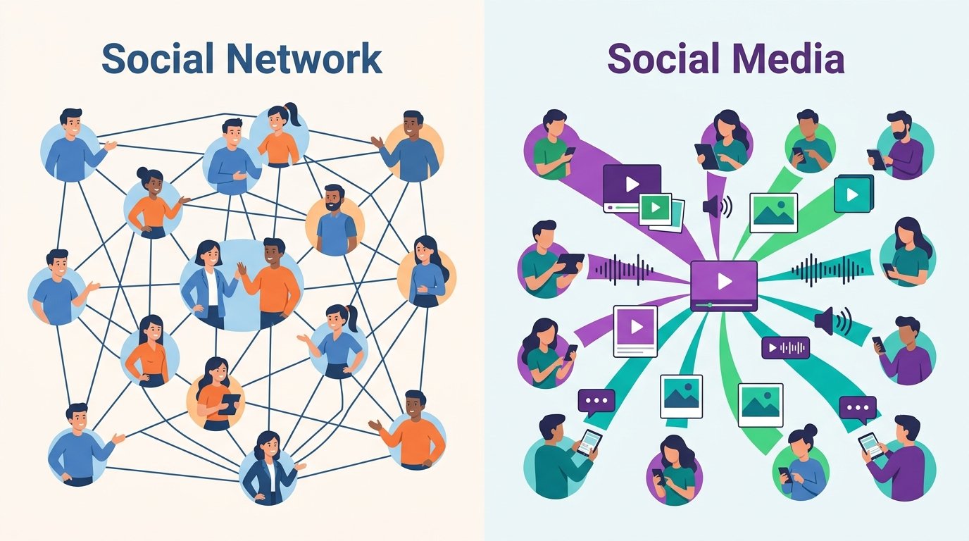 Ilustração comparando Rede Social (pessoas conectadas em rede) com Mídia Social (conteúdo irradiando para múltiplos usuários sem vínculo direto)