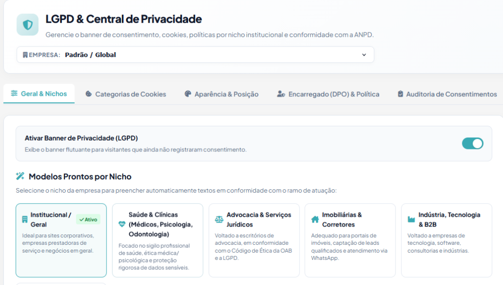 Central de LGPD e Privacidade com Banner de Cookies e Modelos por Nicho