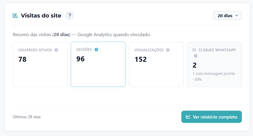 Resumo das Visitas do Site e Cliques no WhatsApp